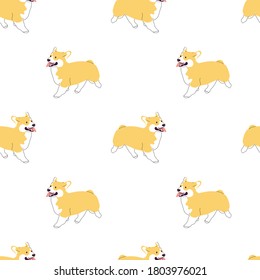 Repeat seamless pattern with flat style cute welsh corgi dogs on white background. Stock vector illustration.