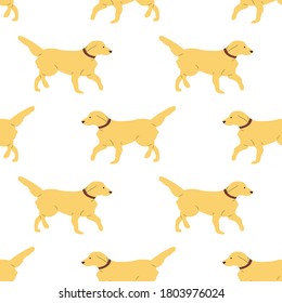 Repeat seamless pattern with flat style cute labrador dogs on white background. Stock vector illustration.