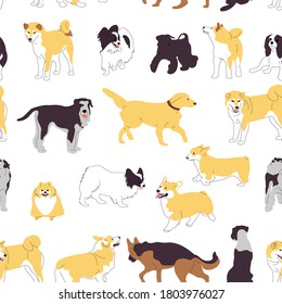 Repeat seamless pattern with flat style different cute dogs on white background. Stock vector illustration.