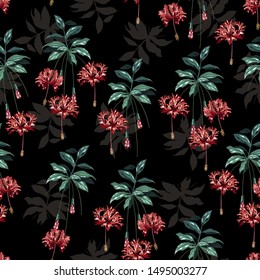 Repeat seamless pattern of red blooming fringe hibiscus flowers in vector design for fashion, fabric, wallpaper, web,and all prints on black background