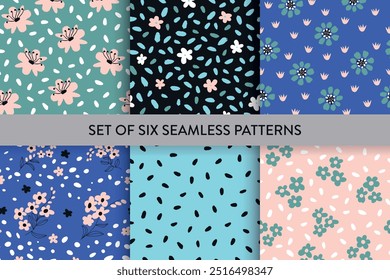 Repeat seamless set of six pattern with daisy flowers, spot, drop. Vector illustration. No AI generated content in this pattern collection.