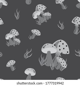 Repeat seamless surface pattern of redcap mushrooms in shade of grey 