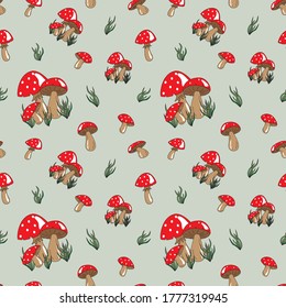 Repeat seamless surface pattern of redcap mushrooms on a pale green background.
