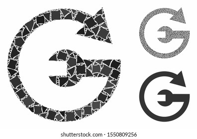 Repeat service composition of abrupt items in different sizes and color tinges, based on repeat service icon. Vector raggy dots are composed into collage.
