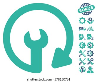 Repeat Service icon with bonus setup tools images. Vector illustration style is flat iconic cobalt and cyan symbols on white background.