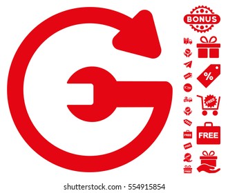 Repeat Service icon with free bonus pictures. Vector illustration style is flat iconic symbols, red color, white background.