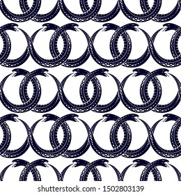 Repeat snakes seamless vector pattern, tiling endless background with venom reptiles in vintage style, subculture rock n roll and hard rock theme.
