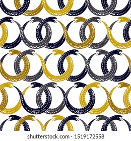 Repeat snakes seamless vector pattern, tiling endless background with venom reptiles in vintage style, subculture rock n roll and hard rock theme.