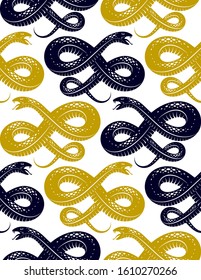 Repeat snakes seamless vector pattern, tiling endless background with venom reptiles in vintage style, subculture rock n roll and hard rock theme.