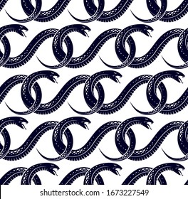 Repeat snakes seamless vector pattern, tiling endless background with venom reptiles in vintage style, subculture rock n roll and hard rock theme.