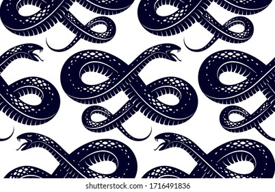 Repeat snakes seamless vector pattern, tiling endless background with venom reptiles in vintage style, subculture rock n roll and hard rock theme.