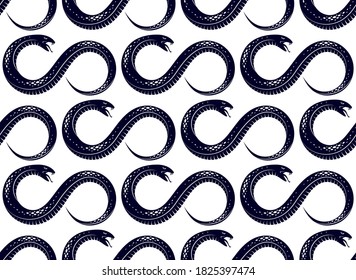 Repeat snakes seamless vector pattern, tiling endless background with venom reptiles in vintage style, subculture rock n roll and hard rock theme.