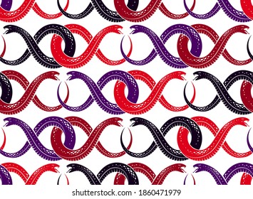 Repeat snakes seamless vector pattern, tiling endless background with venom reptiles in vintage style, subculture rock n roll and hard rock theme.