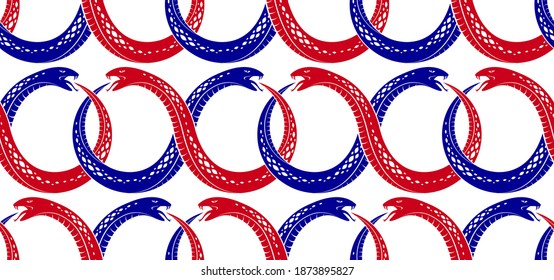 Repeat snakes seamless vector pattern, tiling endless background with venom reptiles in vintage style, subculture rock n roll and hard rock theme.