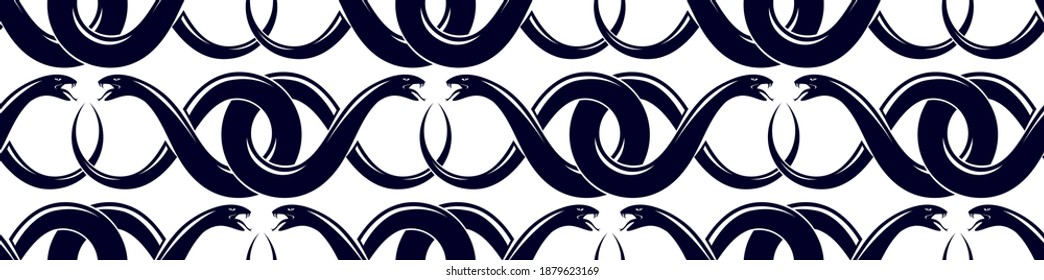 Repeat snakes seamless vector pattern, tiling endless background with venom reptiles in vintage style, subculture rock n roll and hard rock theme.
