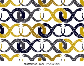 Repeat snakes seamless vector pattern, tiling endless background with venom reptiles in vintage style, subculture rock n roll and hard rock theme.