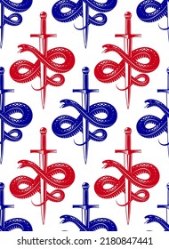 Repeat snakes seamless vector pattern, tiling endless background with venom reptiles in vintage style, subculture rock n roll and hard rock theme.