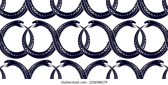 Repeat snakes seamless vector pattern, tiling endless background with venom reptiles in vintage style, subculture rock n roll and hard rock theme.