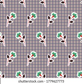 Repeat symmetrical botanical pattern. Horizontal rows of flowers with stems and leaves on gingham background. Seamless geometric paper cut sticker style pattern. Vector illustration.