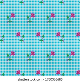 Repeat symmetrical botanical pattern. Horizontal rows of flowers with stems and leaves on gingham background. Seamless geometric multicolored pattern. Vector illustration.