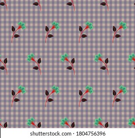 Repeat symmetrical botanical pattern. Horizontal rows of flowers with stems and leaves on gingham background. Seamless geometric multicolored pattern. Vector illustration.