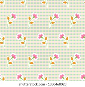 Repeat symmetrical botanical pattern. Horizontal rows of flowers with stems and leaves on gingham background. Seamless geometric paper cut sticker style pattern. Vector illustration.