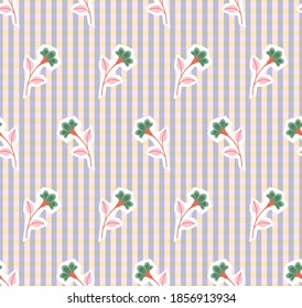 Repeat symmetrical botanical pattern. Horizontal rows of flowers with stems and leaves on striped background. Seamless geometric paper cut sticker style pattern. Vector illustration.