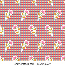 Repeat symmetrical botanical pattern. Horizontal rows of flowers with stems and leaves on gingham background. Seamless geometric paper cut sticker style pattern. Vector illustration.