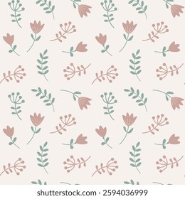 Repeat texture for textile or wrapping paper. Summer wallpaper with a simple tender flowers. Vector seamless pattern with a nice plants. Floral botanical ornament.