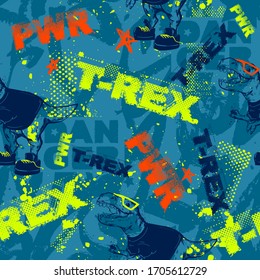 Repeat t-rex print with typography background. Danger dino character. Seamless dinosaur pattern