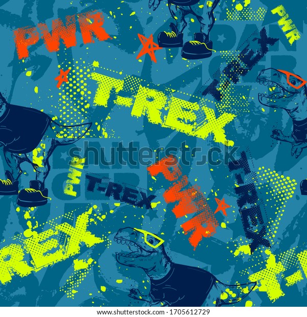 Repeat t-rex print with\
typography background. Danger dino character. Seamless dinosaur\
pattern