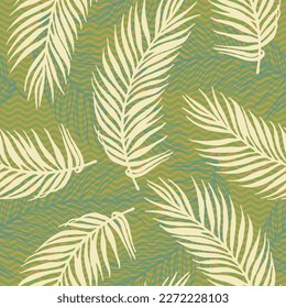 Repeat tropical palm leaves vector pattern. Floral design over waves texture backdrop. Trendy palm tree leaves illustration. Plant leaves greenery design. Rainforest background.