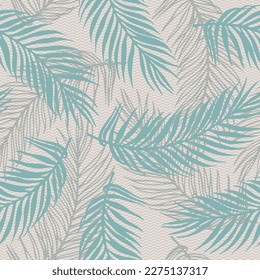 Repeat tropical palm leaves vector pattern. Botanical design over waves texture background. Vintage palm tree branches wallpaper. Plant leaves nature pattern. Royal palm fabric print.