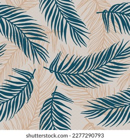 Wiederholen Sie tropische Palmenblätter Vektormuster. Botanische Elemente auf Wellen strukturiertem Hintergrund. Elegante Palmen Blätter Druck. Pflanzen verlassen das Naturdesign. Botanik-Dekorationsdruck