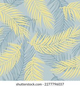 Repeat tropical palm leaves vector pattern. Botanical design over waves texture background. Chic palm tree leaves illustration. Big leaves closeup pattern. Contrast foliage wrapper.