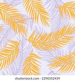 Repeat tropical palm leaves vector pattern. Floral elements over waves texture backdrop. Organic palm tree leaves wallpaper. Plant leaves nature pattern. Thailand holiday print.