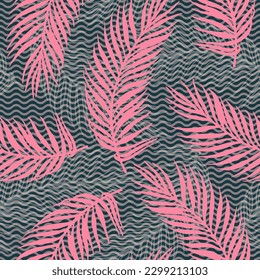 Repeat tropical palm leaves vector pattern. Floral elements over waves texture backdrop. Organic palm tree leaves wallpaper. Big leaves summer pattern. Contrast foliage wrapper.