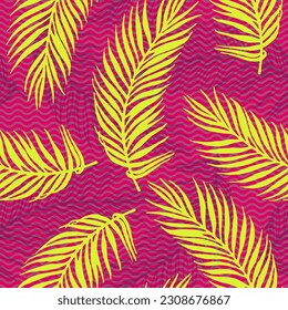 Repeat tropical palm leaves vector pattern. Botanical elements over waves texture backdrop. Chic palm tree branches wallpaper. Plant leaves nature design. Travel poster background.
