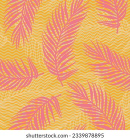 Repeat tropical palm leaves vector pattern. Floral elements over waves texture backdrop. Vintage palm tree leaves print. Big leaves greenery design. Contrast foliage wrapper.