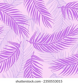 Repeat tropical palm leaves vector pattern. Floral elements over waves texture backdrop. Vintage palm tree leaves illustration. Plant leaves nature design. Contrast foliage wrapper.