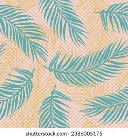 Repeat tropical palm leaves vector pattern. Botanical design over waves texture background. Bright palm tree branches wallpaper. Plant leaves greenery design. Thailand holiday print.