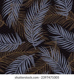Repeat tropical palm leaves vector pattern. Botanical design over waves texture background. Chic palm tree branches illustration. Big leaves nature design. Contrast foliage wrapper.