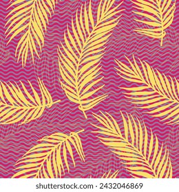 Repita el patrón de vector de hojas de palma tropicales. Elementos florales sobre fondo de textura de ondas. Ilustración de hojas de palmera orgánica. Herbario hojas de diseño verde. Fondo de selva tropical.