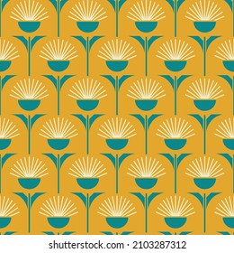 Repeat vector pattern with retro dandelions on yellow background. Simple vintage floral wallpaper design. Decorative fluffy herb fashion textile.