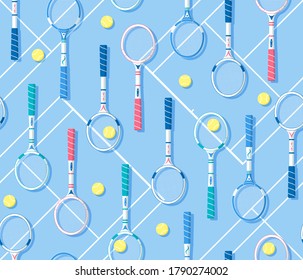 Repeat vector pattern with retro tennis rackets on blue tennis court background with yellow tennis balls. Back to school sports vector illustration 