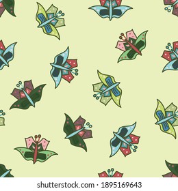 Repeat vector seamless multicolor butterfly scatter pattern on a lemon yellow backdrop