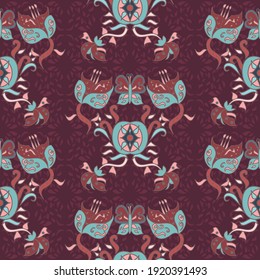 Repeat vector seamless ornate floral pattern decorated with wavy lines and intricate details in maroon and duck egg blue in a traditional style