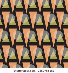 A repeat vector seamless pattern design featuring orange and yellow triangles with transparent dots arranged in a geometric abstract on a black background.