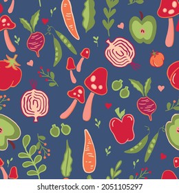 REPEAT VEGETABLE PATTERN WITH CARROT, TURNIP, BEET ROOT, PEAS APPLE AND TOMATOES. HEALTHY VEGETABLE PETTERN IN VECTOR FILE