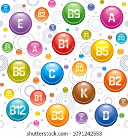 Repeat vitamin mineral wallpaper. Seamless pharmacy wrapping paper design. Multivitamin complex icons. A, B - B1, B2, B3, B5, B6, B9, B12, C, D, E, K multivitamin supplement logo, isolated background